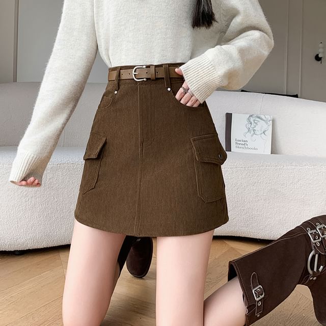 High Waist Plain Corduroy Mini A-Line Skirt SpreePicky