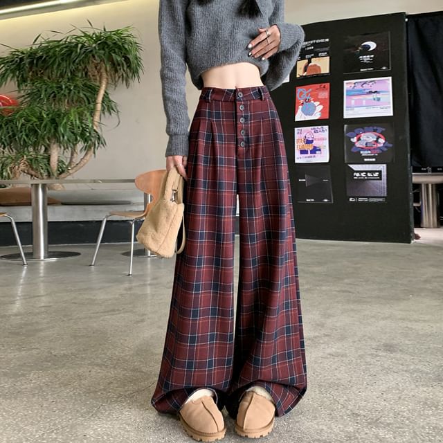 High Rise Plaid Wide Leg Dress Pants SpreePicky