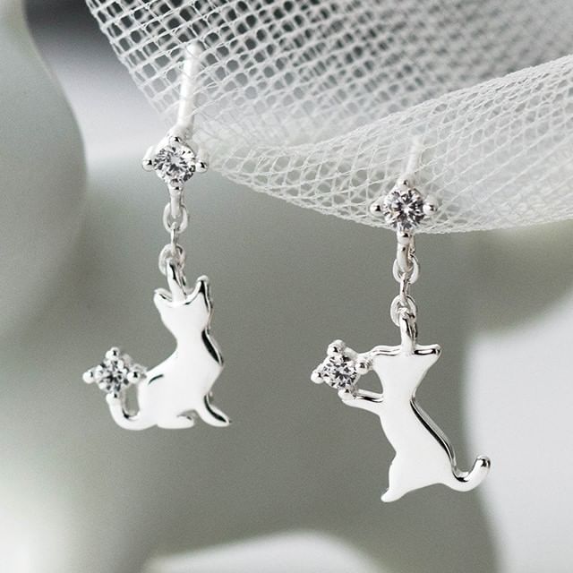 925 Sterling Silver Rhinestone Cat Asymmetrical Drop Earring SpreePicky