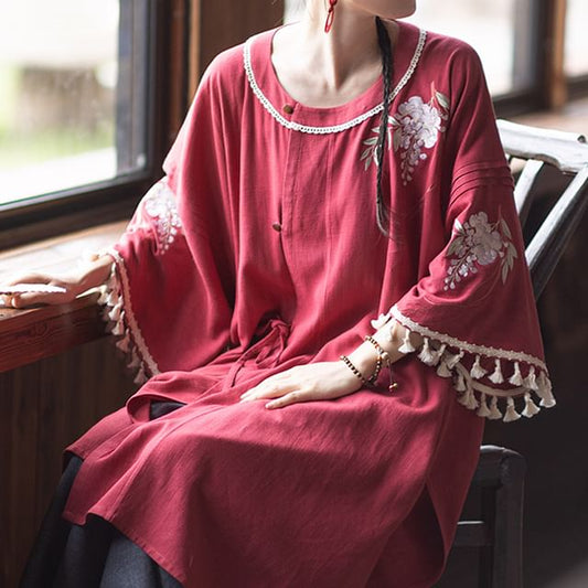 3/4-Sleeve Round Neck Embroidered Hanfu Top / Wide Leg Pants / Set SpreePicky