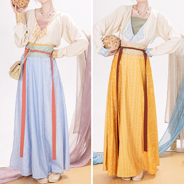 Long-Sleeve Hanfu Wrap Top / Camisole Top / Maxi A-Line Skirt / Set SpreePicky