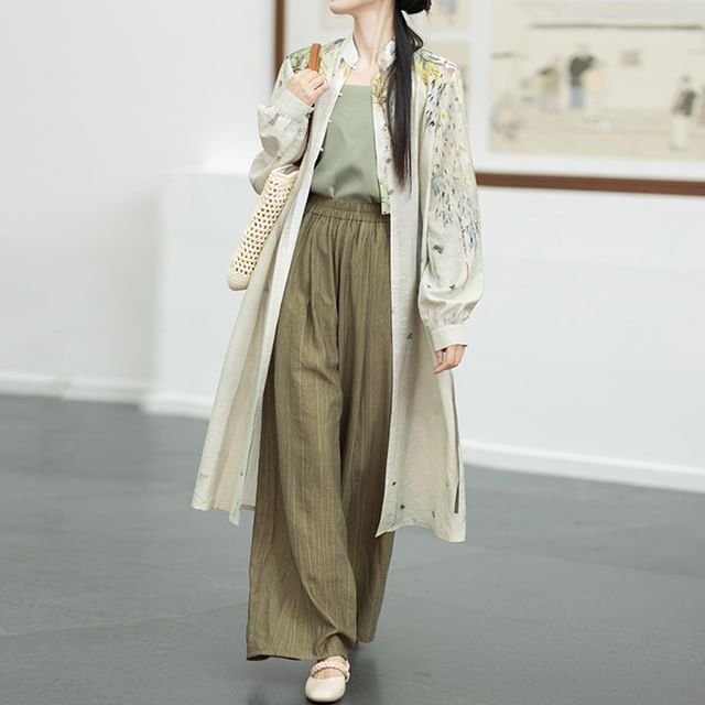 Hanfu Floral Long Cardigan / Plain Camisole Top / Wide Leg Pants / Set SpreePicky