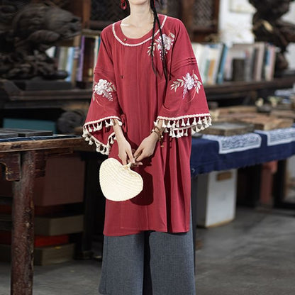 3/4-Sleeve Round Neck Embroidered Hanfu Top / Wide Leg Pants / Set SpreePicky