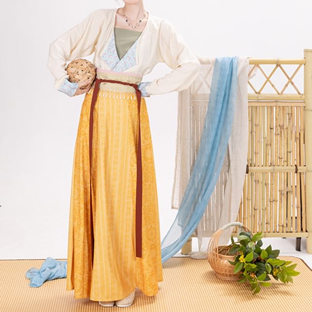 Long-Sleeve Hanfu Wrap Top / Camisole Top / Maxi A-Line Skirt / Set SpreePicky