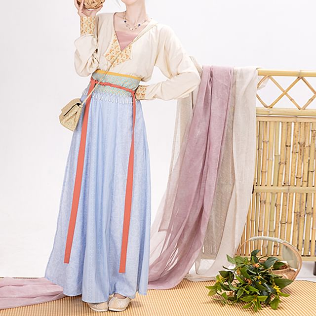 Long-Sleeve Hanfu Wrap Top / Camisole Top / Maxi A-Line Skirt / Set SpreePicky