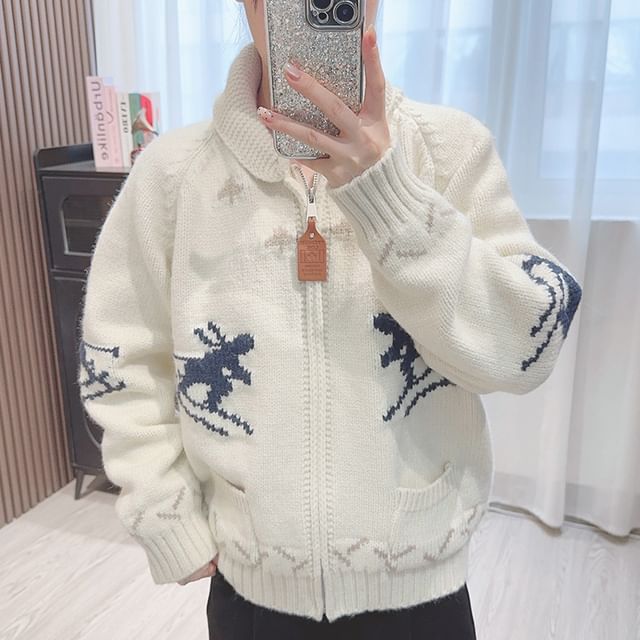 Deer Print Hooded Zip Cardigan SpreePicky