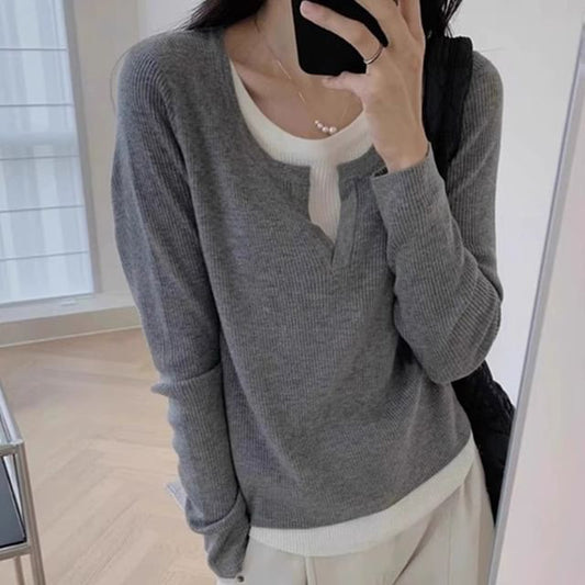 Notch Neck Two Tone Mock Two-Piece Sweater mySite