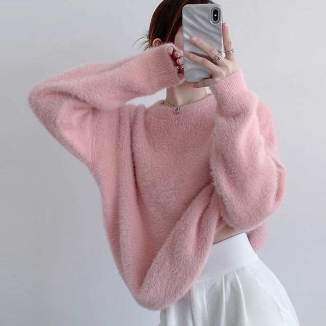 Round Neck Plain Fluffy Sweater SpreePicky