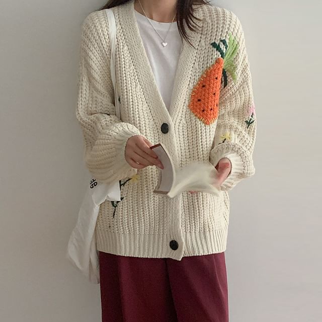 V-Neck Flower Embroidered Chunky Knit Cardigan SpreePicky