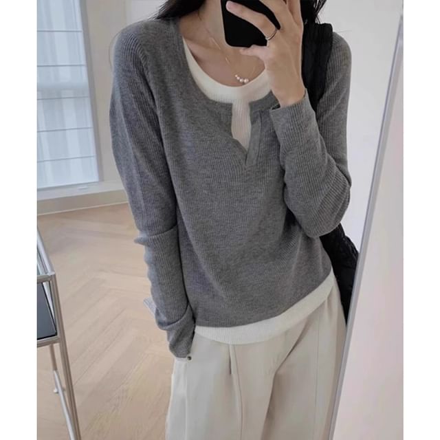 Notch Neck Two Tone Mock Two-Piece Sweater mySite