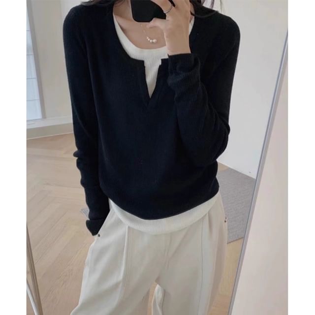 Notch Neck Two Tone Mock Two-Piece Sweater mySite