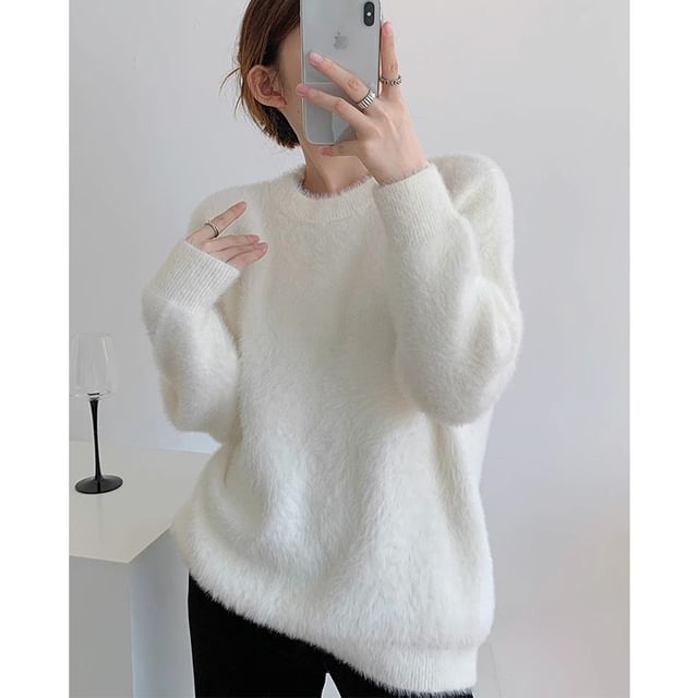 Round Neck Plain Fluffy Sweater SpreePicky