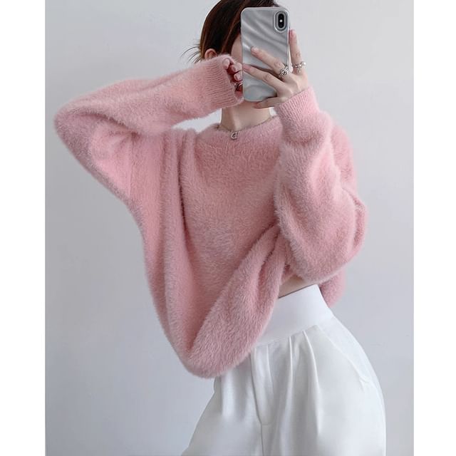 Round Neck Plain Fluffy Sweater SpreePicky