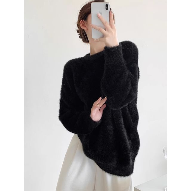 Round Neck Plain Fluffy Sweater SpreePicky