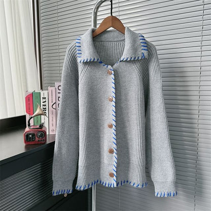 Collar Plain Contrast Stitching Ribbed Cardigan SpreePicky