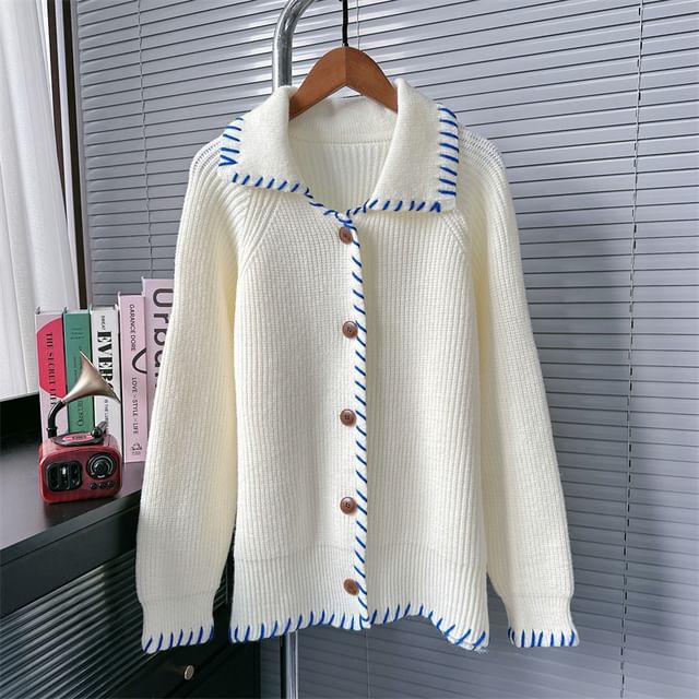 Collar Plain Contrast Stitching Ribbed Cardigan SpreePicky