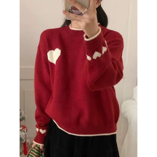 Contrasted Heart-Print Loose Sweater SpreePicky