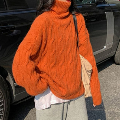 Turtleneck Cable-Knit Loose Sweater SpreePicky