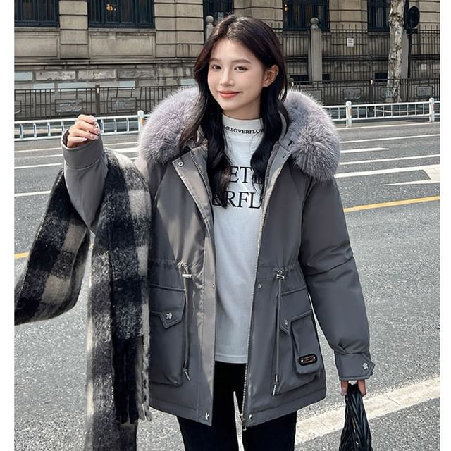 Fluffy Collar Plain Fleece-Lined Zip Puffer Parka SpreePicky