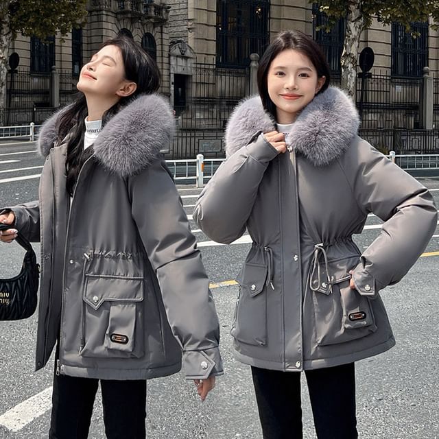 Fluffy Collar Plain Fleece-Lined Zip Puffer Parka SpreePicky