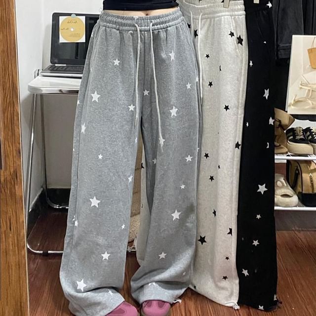 High Rise Star Print Loose-Fit Wide-Leg Sweatpants SpreePicky