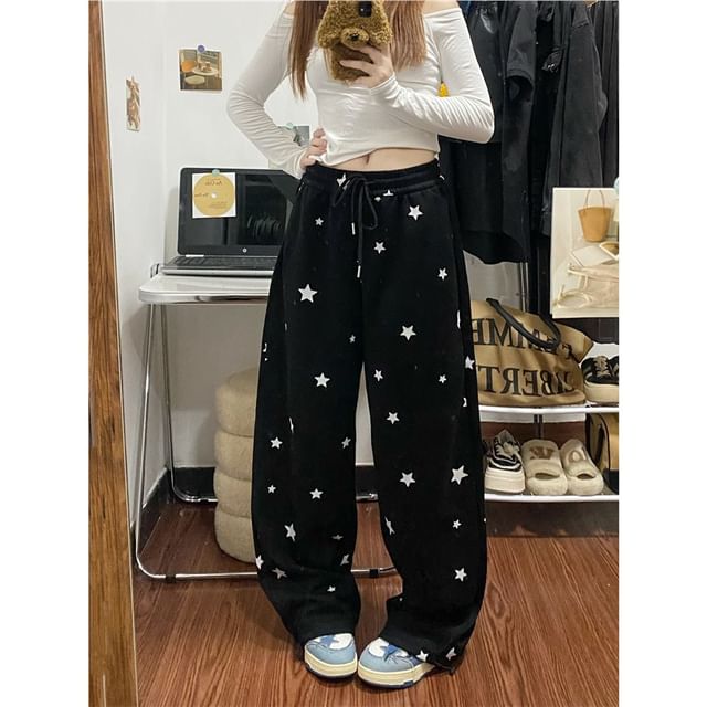 High Rise Star Print Loose-Fit Wide-Leg Sweatpants SpreePicky