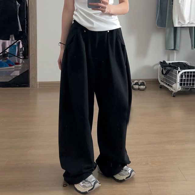 Low Rise Plain Studded Loose-Fit Wide-Leg Sweatpants SpreePicky