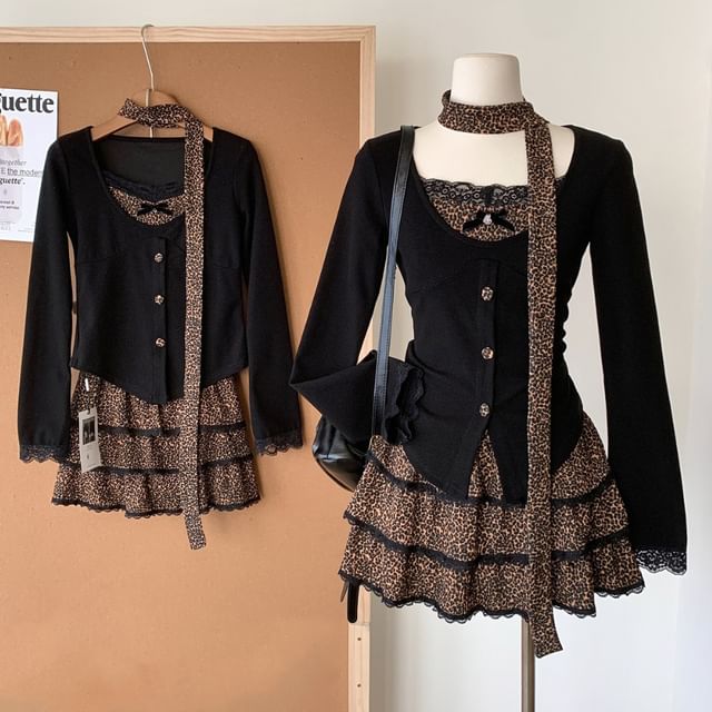 + Long-Sleeve High Waist Leopard V-Neck Set: Plain Tiered Mini Top Skirt Button-Up Print FashionChic