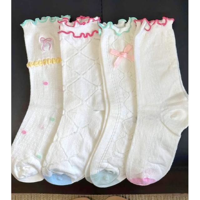 Bow Embroidered Lettuce Edge Socks / Set SpreePicky