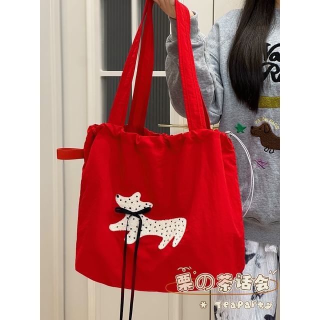 Drawstring Cartoon Applique Canvas Tote Bag SpreePicky