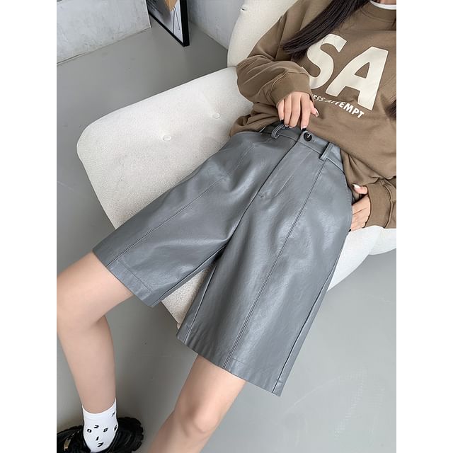 High Waist Plain Faux Leather Shorts SpreePicky