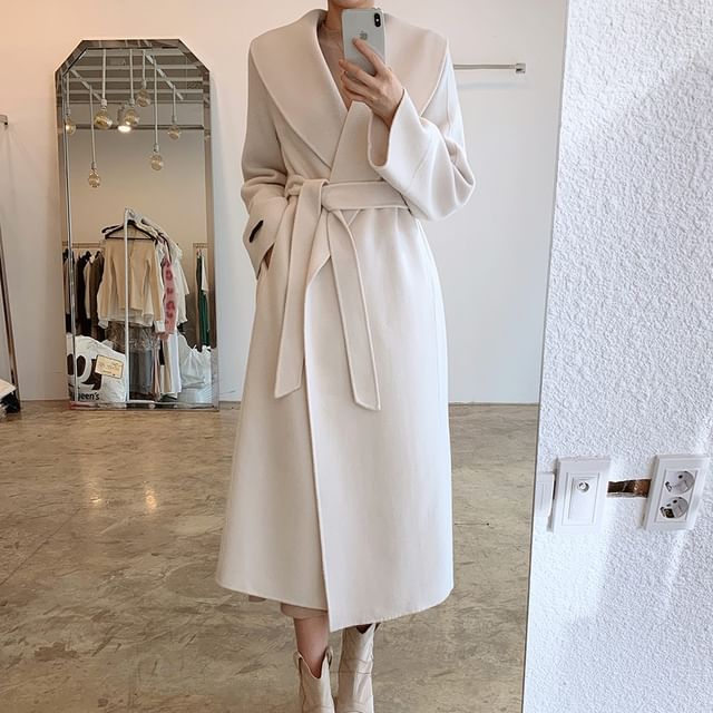 Collared Plain Midi Tie Front Coat SpreePicky