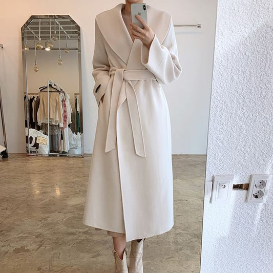 Collared Plain Midi Tie Front Coat SpreePicky