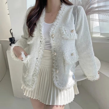 V-Neck Melange Fray Faux Pearl Button Jacket SpreePicky