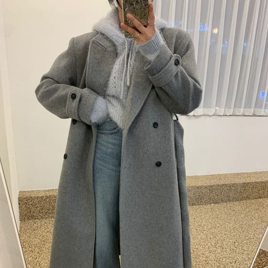 Collared Plain Midi Double Breasted Coat SpreePicky