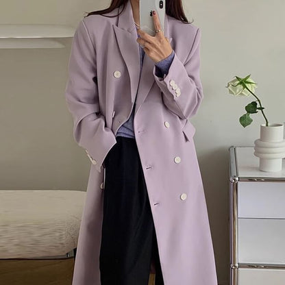 Peak Lapel Plain Midi Double Breasted Coat SpreePicky