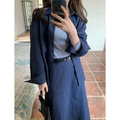 Long Sleeve Collared Plain Shirt / High Waist Maxi A-Line Skirt SpreePicky