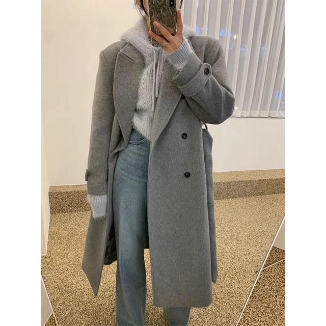 Collared Plain Midi Double Breasted Coat SpreePicky