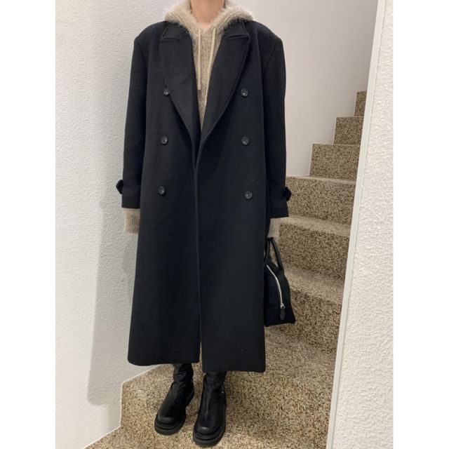 Collared Plain Midi Double Breasted Coat SpreePicky