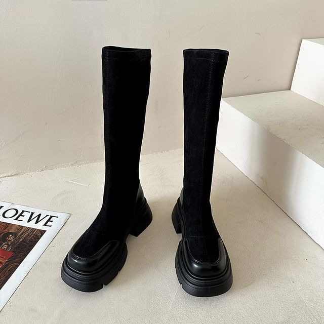 Pull-On Knee-High Boots With Chunky-Heel SpreePicky