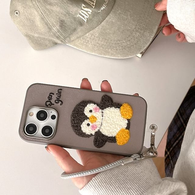 Penguin Embroidered Phone Case / Faux Leather Strap / Set - iPhone 16 Pro Max / 16 Pro / 16 Plus / 16 / 15 Pro Max / 15 Pro / 15 Plus / 15 / 14 Pro Max / 14 Pro / 14 Plus / 14 / 13 Pro Max / 13 Pro / 13 / 13 Mini SpreePicky