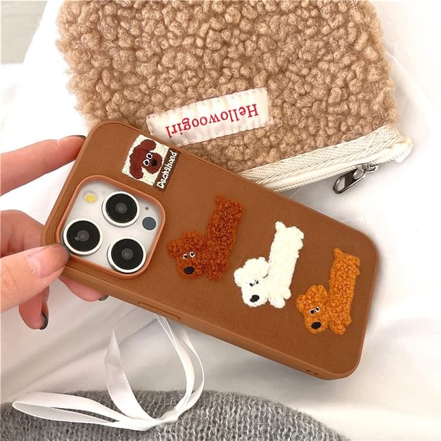 Dog Embroidered Phone Case / Strap / Set - iPhone 16 Pro Max / 16 Pro / 16 Plus / 16 / 15 Pro Max / 15 Pro / 15 Plus / 15 / 14 Pro Max / 14 Pro / 14 Plus / 14 / 13 Pro Max / 13 Pro / 13 / 13 Mini SpreePicky