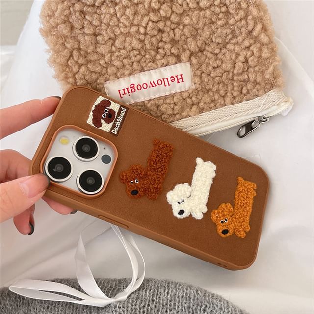 Dog Embroidered Phone Case / Strap / Set - iPhone 16 Pro Max / 16 Pro / 16 Plus / 16 / 15 Pro Max / 15 Pro / 15 Plus / 15 / 14 Pro Max / 14 Pro / 14 Plus / 14 / 13 Pro Max / 13 Pro / 13 / 13 Mini SpreePicky