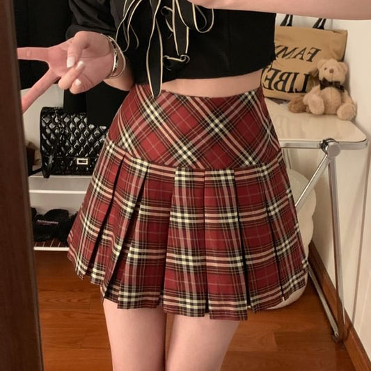 High Rise Plaid Mini Pleated Skirt SpreePicky