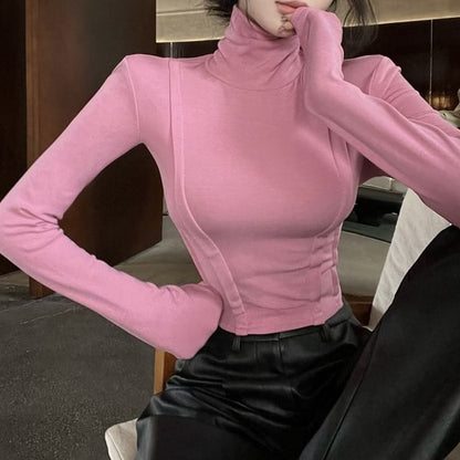 Long Sleeve Turtleneck Plain Crop Top SpreePicky