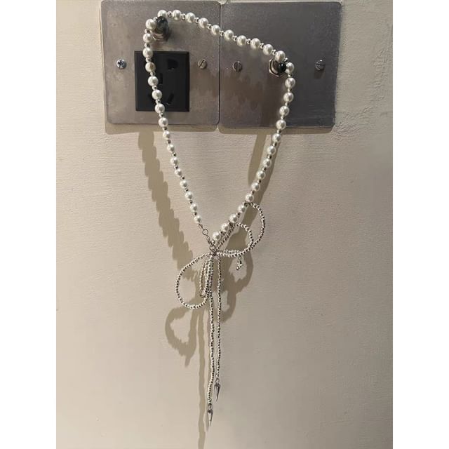 Faux Pearl Beaded Lariat Necklace / Bow Drop Earring SpreePicky