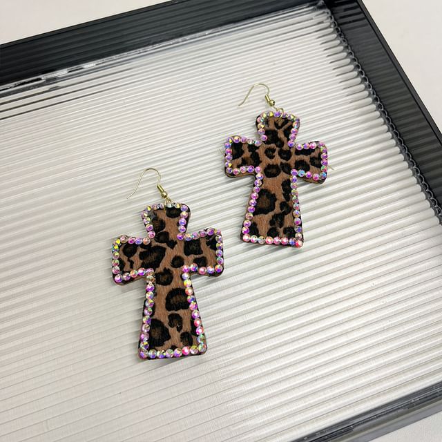 Rhinestone Leopard Cross Drop Earring SpreePicky