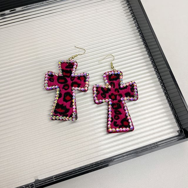 Rhinestone Leopard Cross Drop Earring SpreePicky