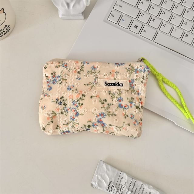 Lettering Floral Print Cosmetic Pouch SpreePicky