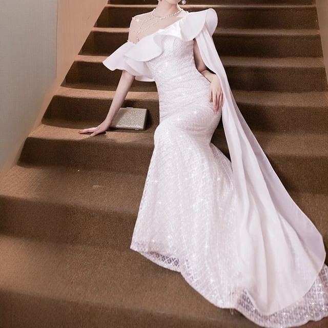 Off Shoulder Asymmetrical Mermaid Evening Gown FashionChic